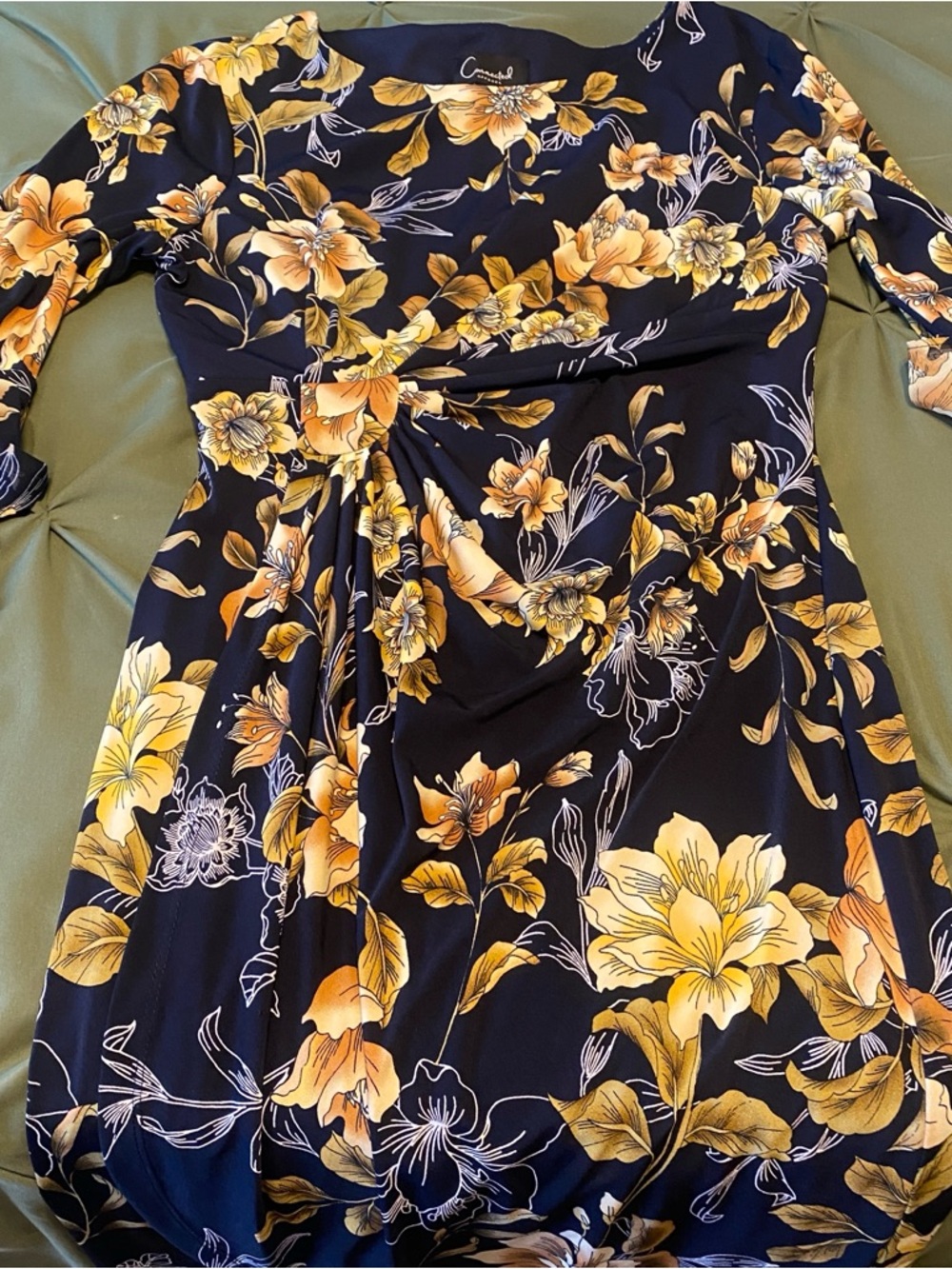 Connected Apparel Navy Dress with Yellow Floral Print